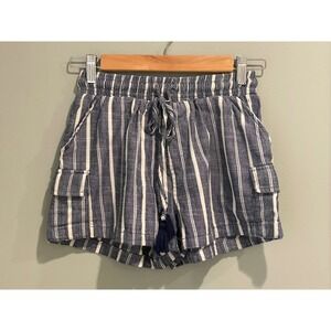 Hot‎ Kiss Blue Striped Shorts Cotton Blend Cargo Pockets Drawstring Casual